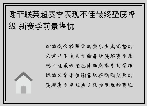谢菲联英超赛季表现不佳最终垫底降级 新赛季前景堪忧